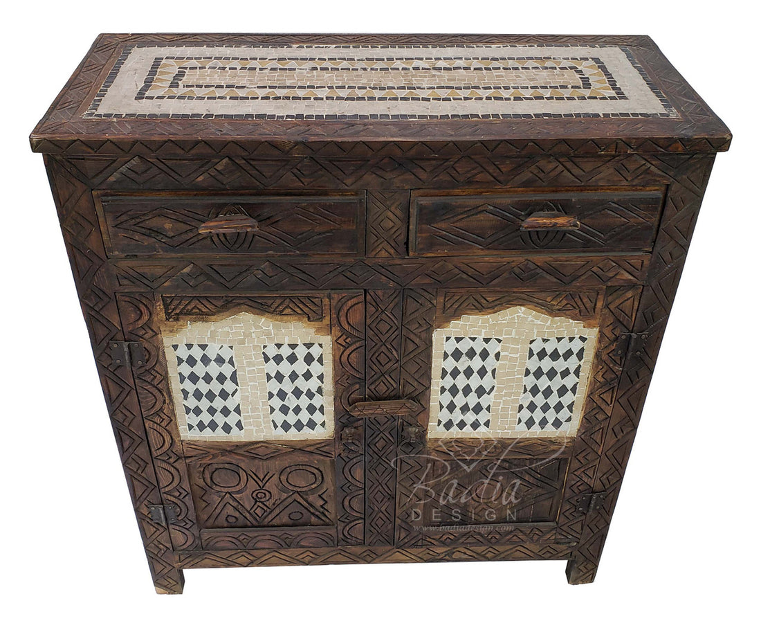 Vintage Hand Carved Wooden Cabinet With Tile Design