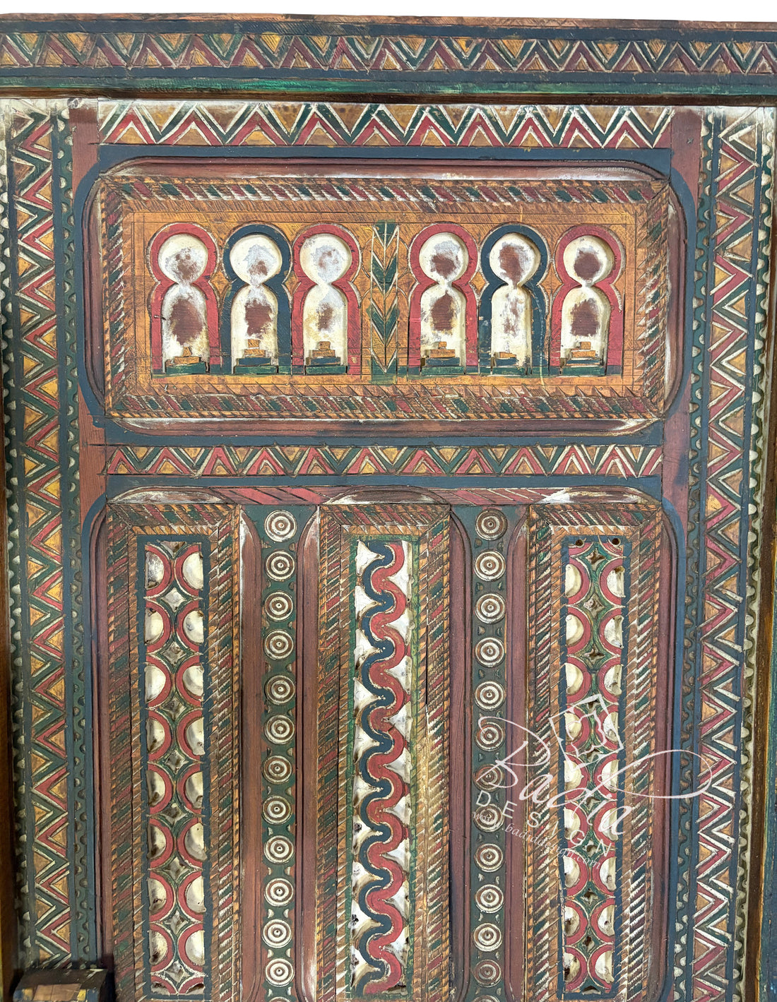 Vintage Moroccan Wooden Door with Hand Painted Designs