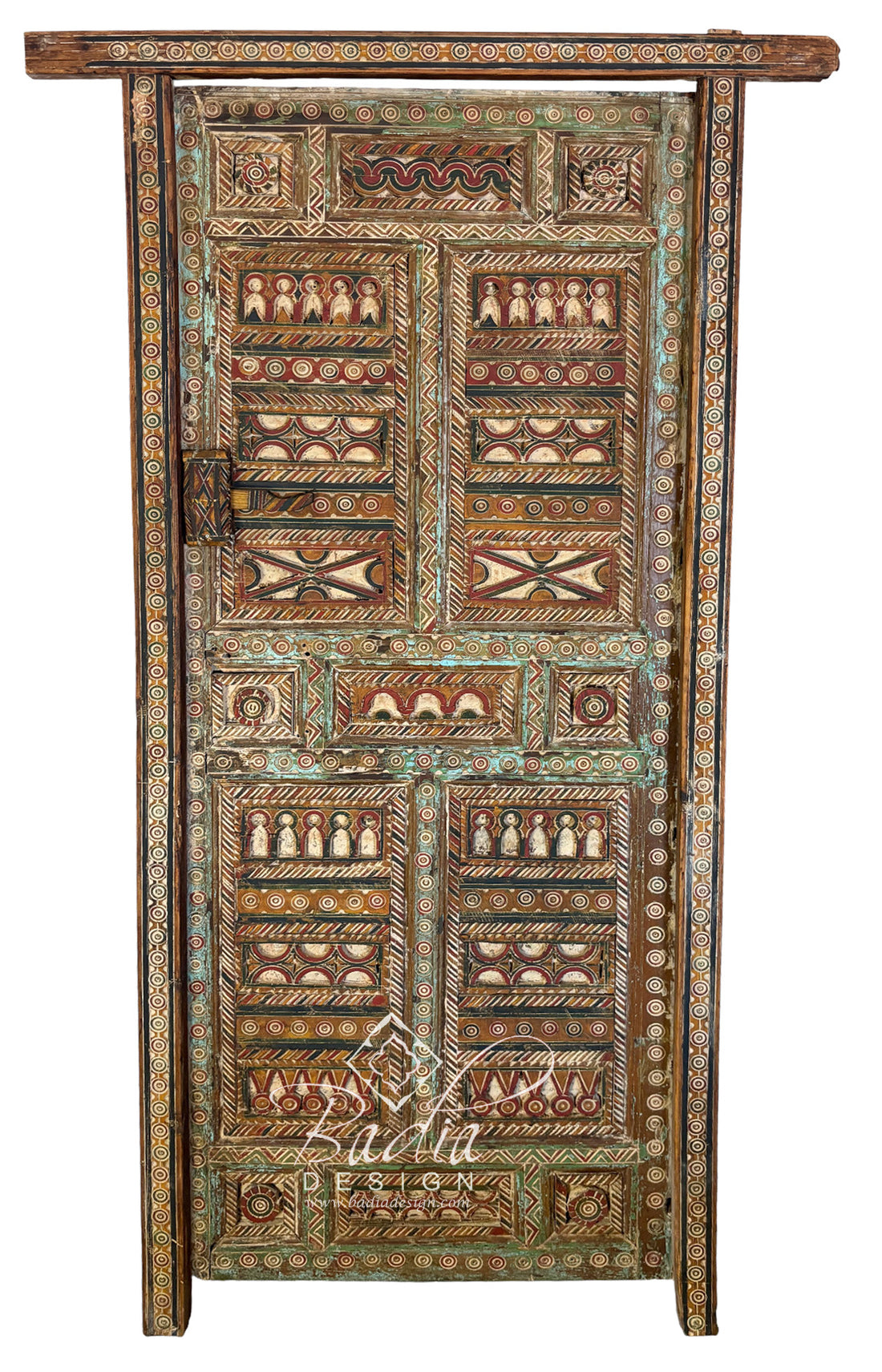 Vintage Moroccan Wooden Door with Red Hand Painted Designs