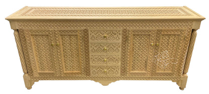 Unstained Hand Carved Wooden Cabinet