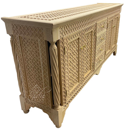 Unstained Hand Carved Wooden Cabinet