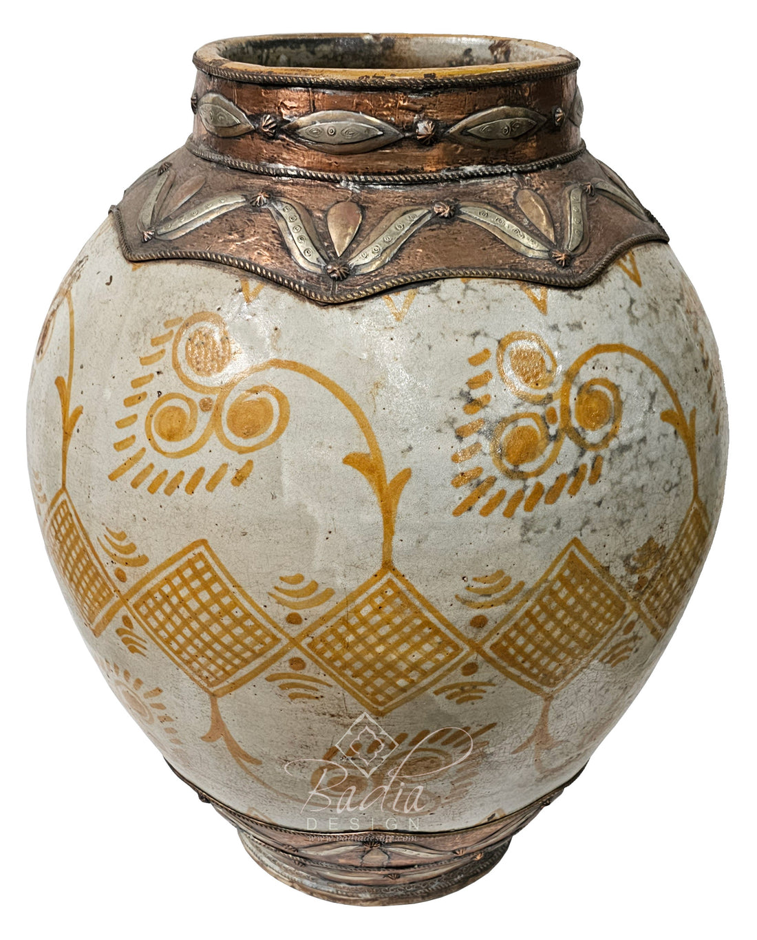 Yellow Hand Painted Metal and Ceramic Urn